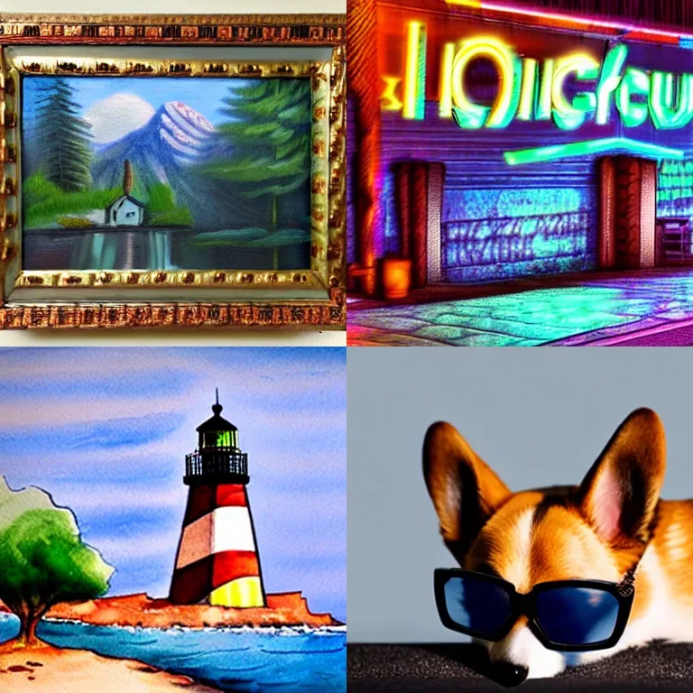 Four Stable Diffusion generations in a grid: a cabin oil painting, a cyberpunk street, a watercolor lighthouse, and a corgi wearing sunglasses