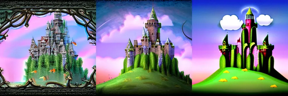The same fantasy castle prompt and seed rendered at guidance_scale 3, 7.5, and 15